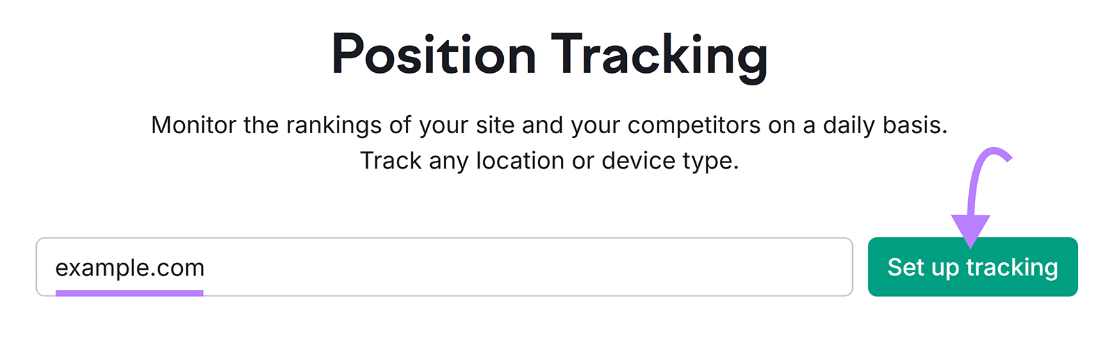 Semrush Position Tracking tool start with domain entered and arrow pointing to Set up tracking button