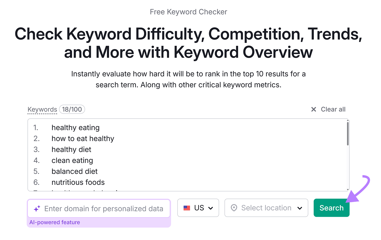 Keyword Overview input box with a list of keywords typed in and an arrow pointing to the Search button