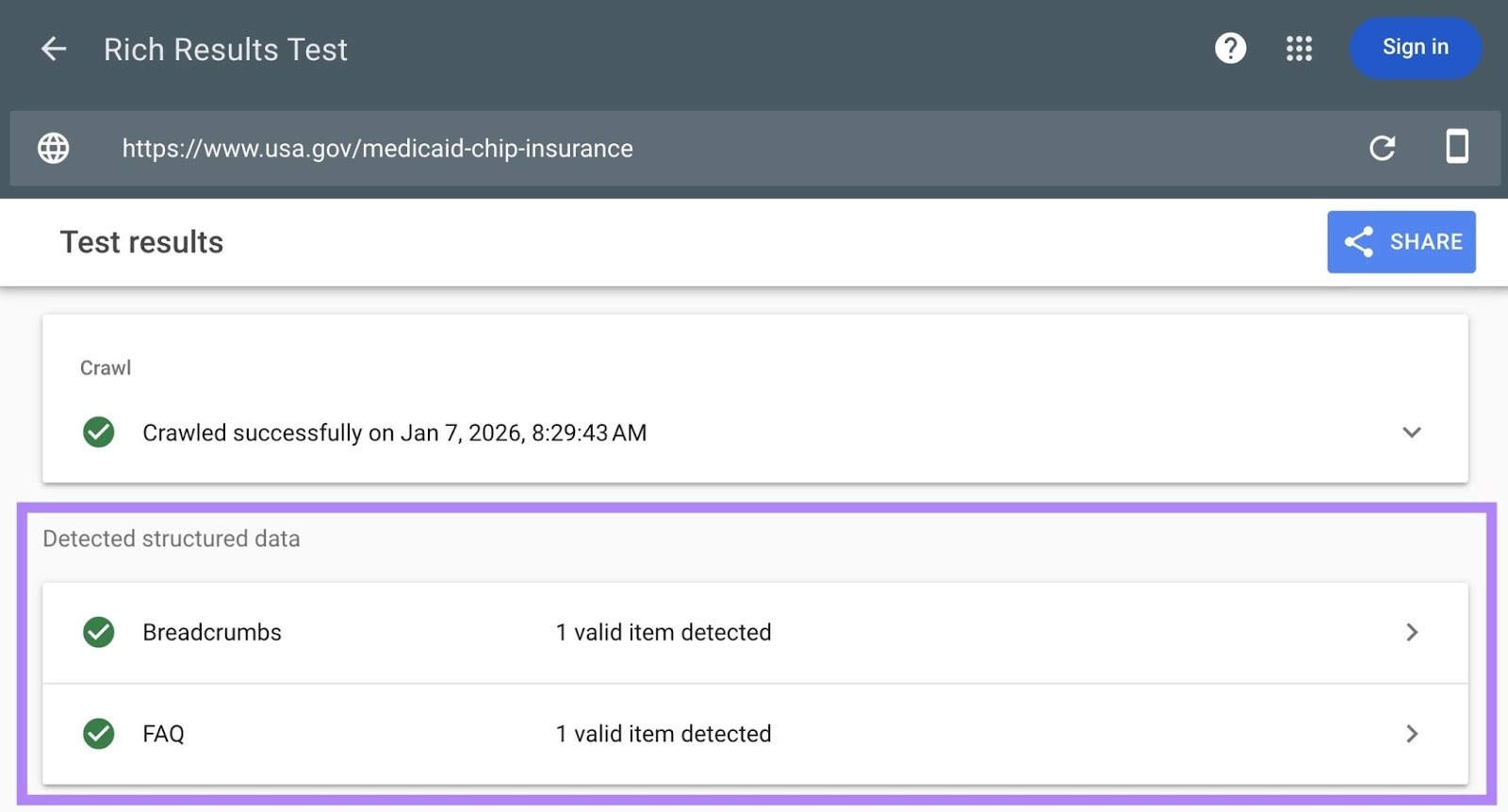 The detected structured data section showing if schema markup has been correctly implemented for a page on Google's Rich Results Test.