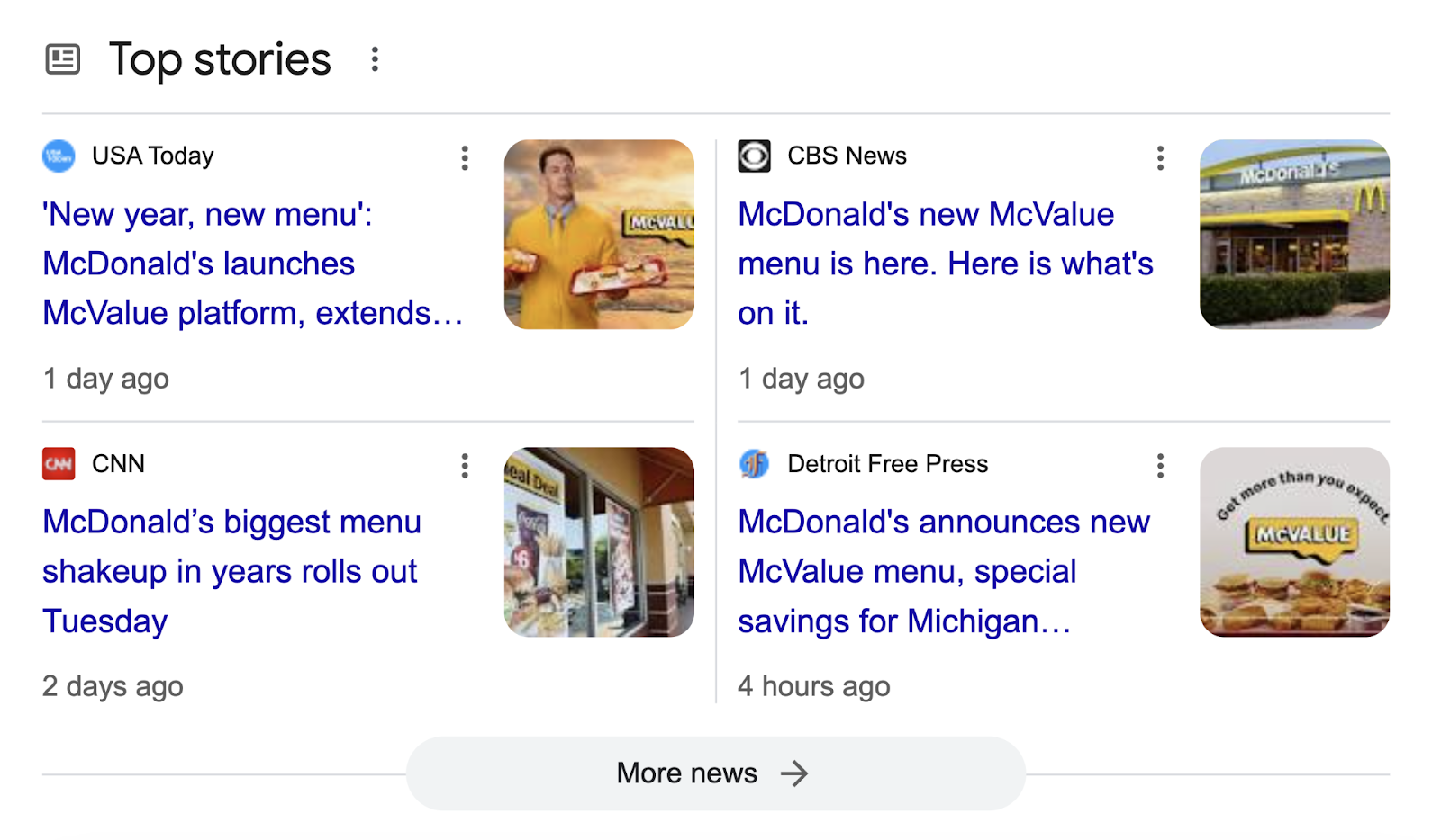 Top stories SERP feature includes articles published within hours and days of an event.