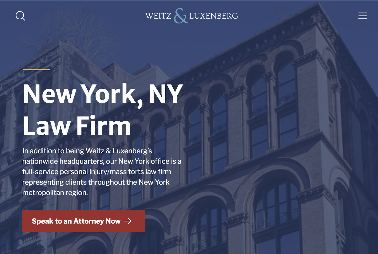 The location page hero says New York, NY law firm with the CTA "speak to an attorney now."