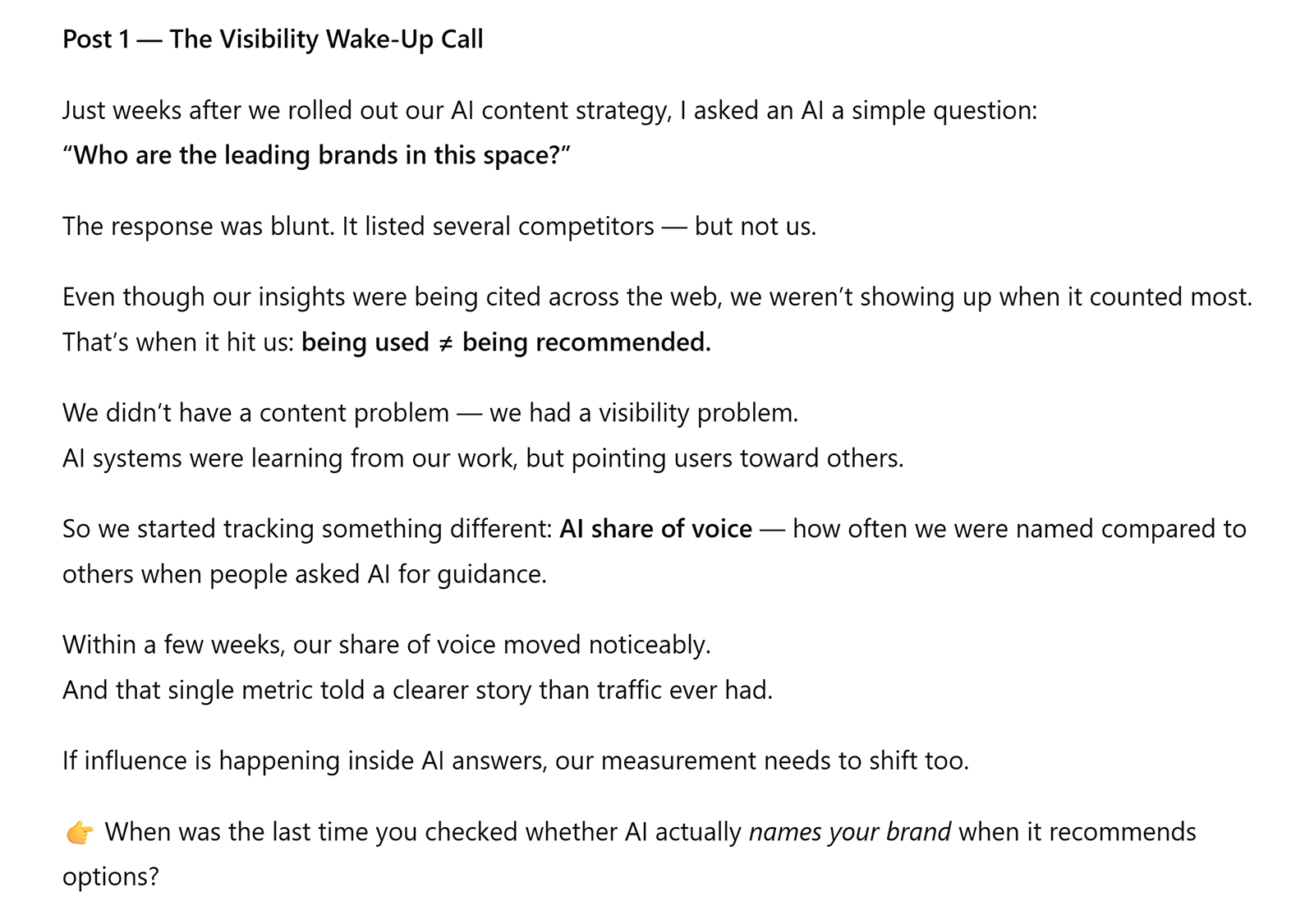 LinkedIn-style post describing an AI visibility issue and the concept of AI share of voice generated by ChatGPT.
