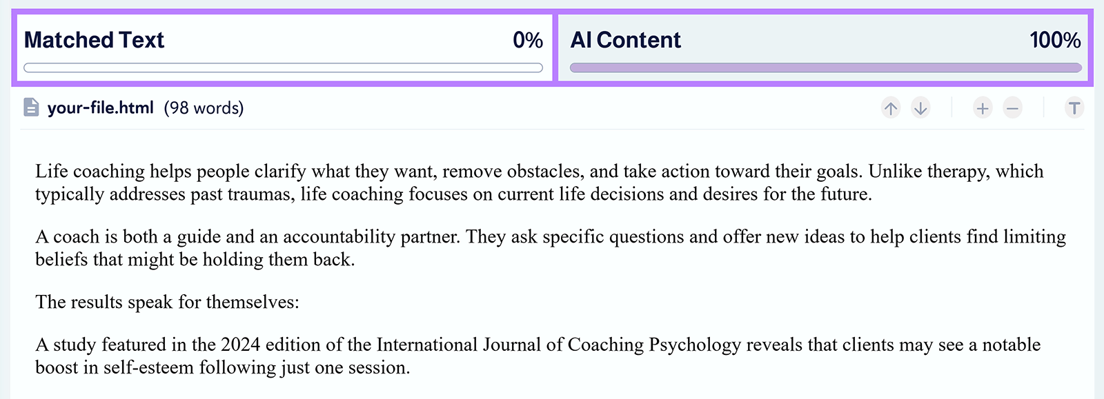 Plagiarism check of AI-written text showing 0% matched text and 100% AI content detected
