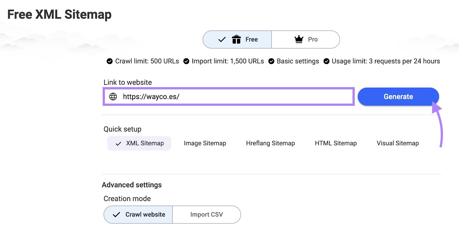 Free XML Sitemap on MySitemapGenerator with the domain confirmed and "Generate" clicked.