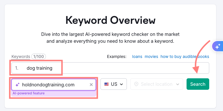 AI powered search bar in keyword overview