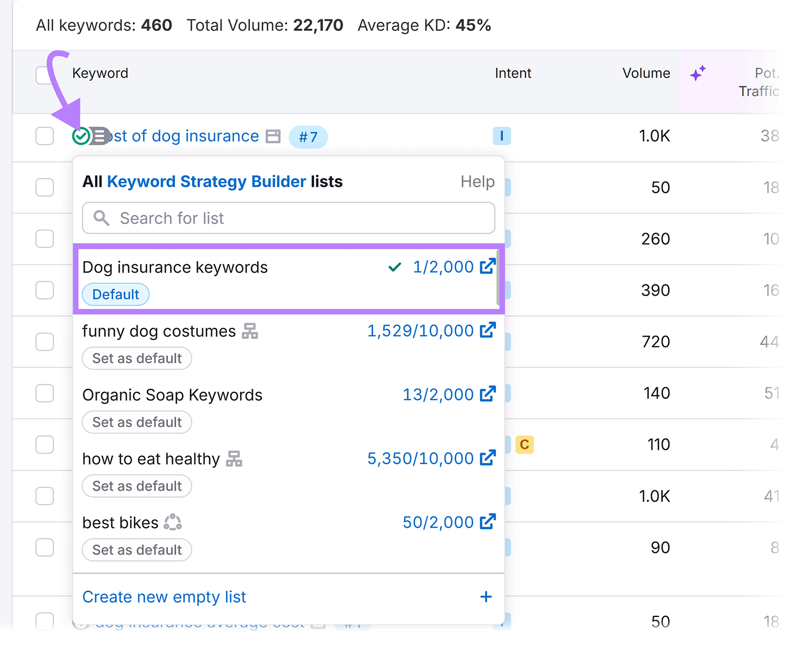 Add to list icon clicked to reveal lists popup with keyword list highlighted