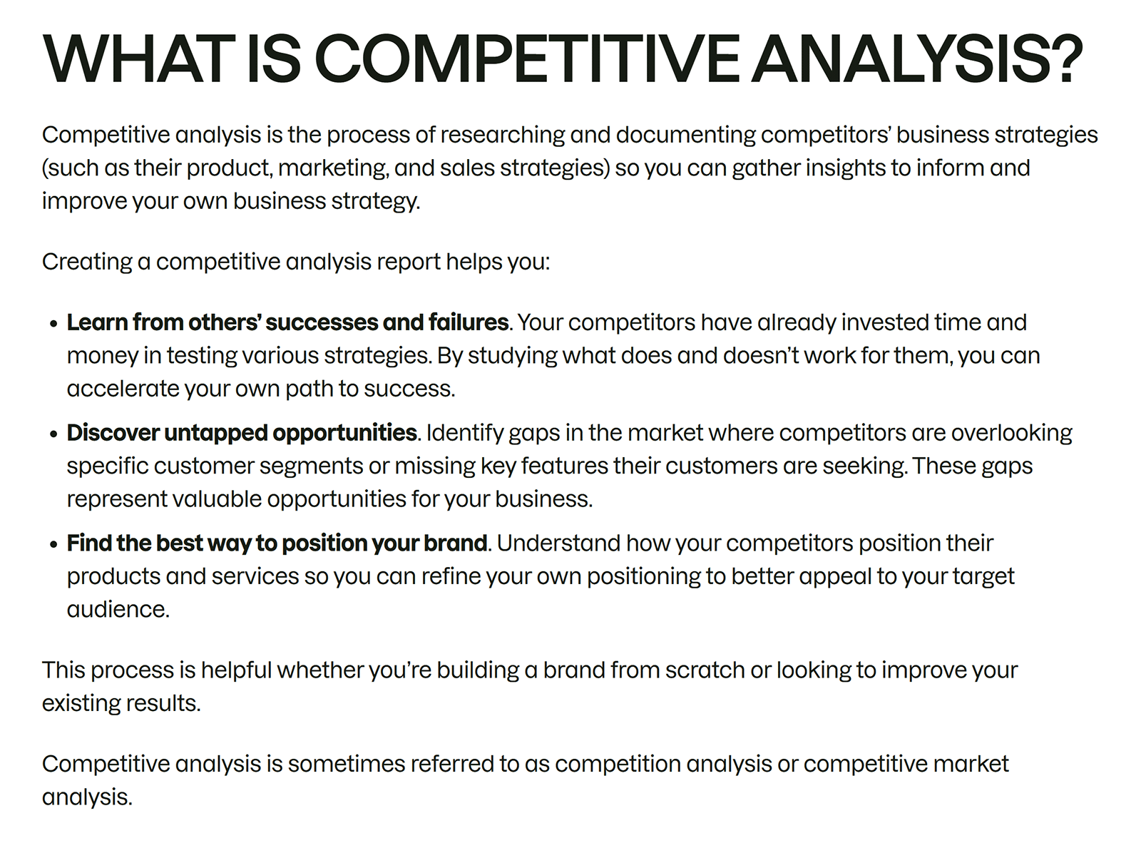 FAQ-style content explaining competitive analysis with short answers and bullet points