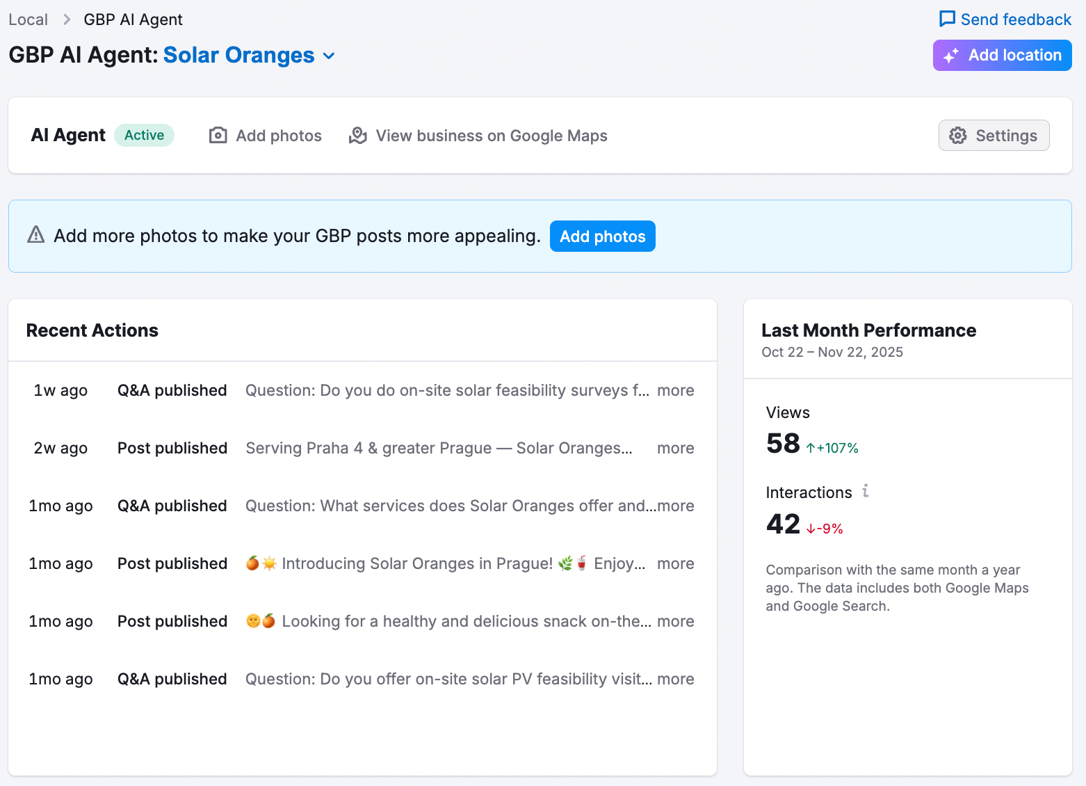 Semrush Local Toolkit - tracking the AI agent's work and GBP performance