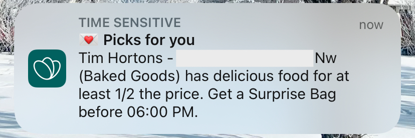 A text message from Too Good To Go