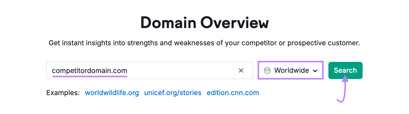Enter a domain to run a search with Semrush's Domain Overview tool.