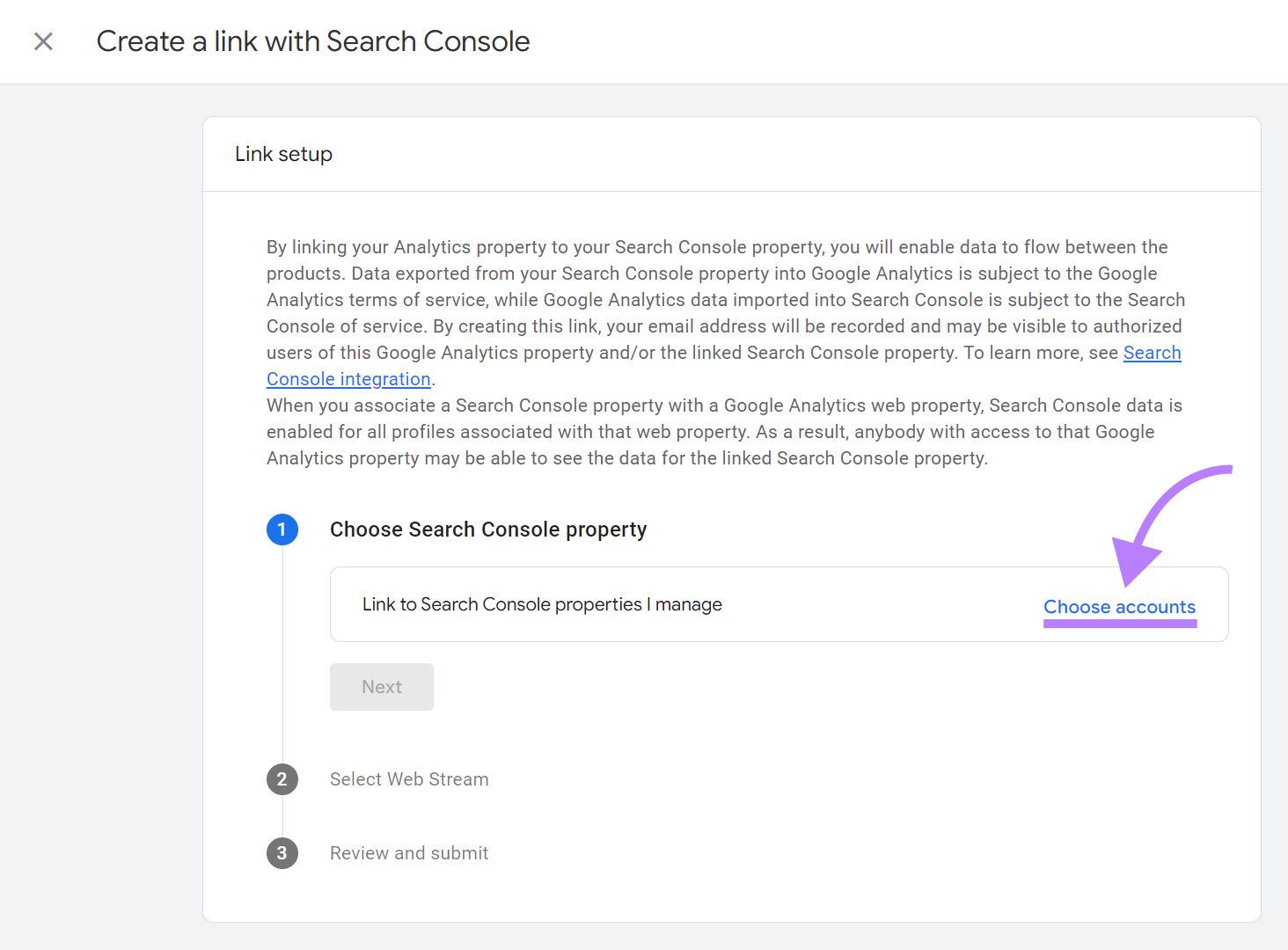 Create a link with Search Console popup wizard with Choose accounts option highlighted