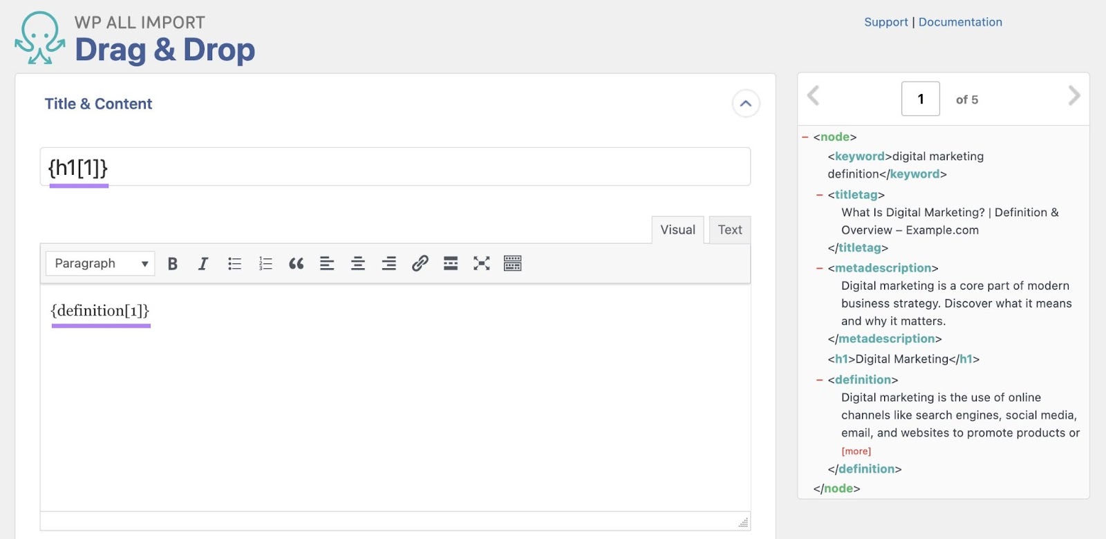 Using WP All Import's drag-and-drop interface to map columns from a spreadsheet to a Wordpress field for a programmatic SEO campaign.
