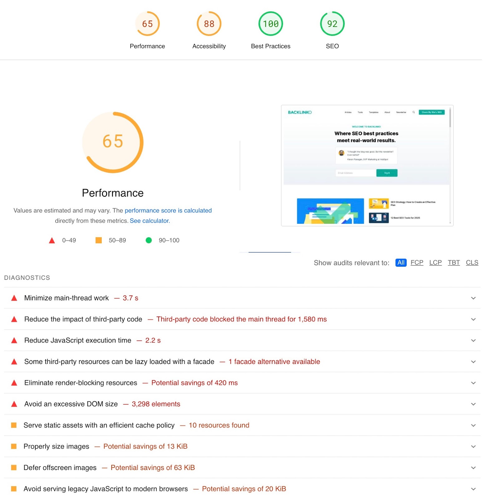 Google's PageSpeed Insights showing a score out of hundred and specific recommendations to improve performance.
