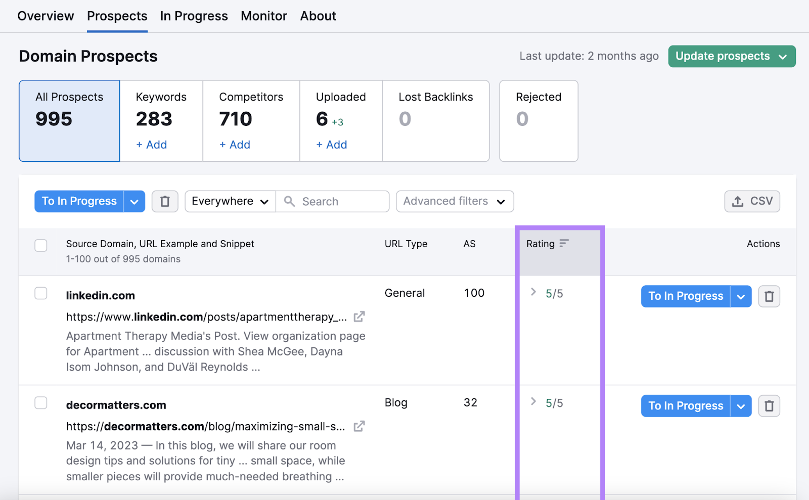 "Prospects" report in Link Building Tool shows sites that might link to you, and their metrics
