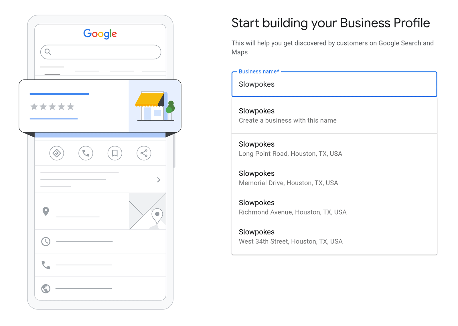 Google Business Profile setup screen with the business name being typed, showing suggestions for existing locations