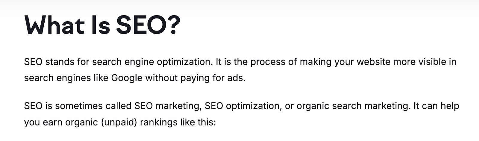 A section from a blog post by Semrush with "What is SEO" as the heading with the answer in the first line of the body text that follows.