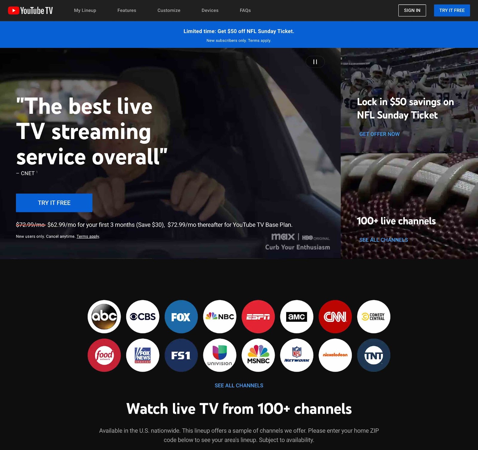 YouTube TV homepage
