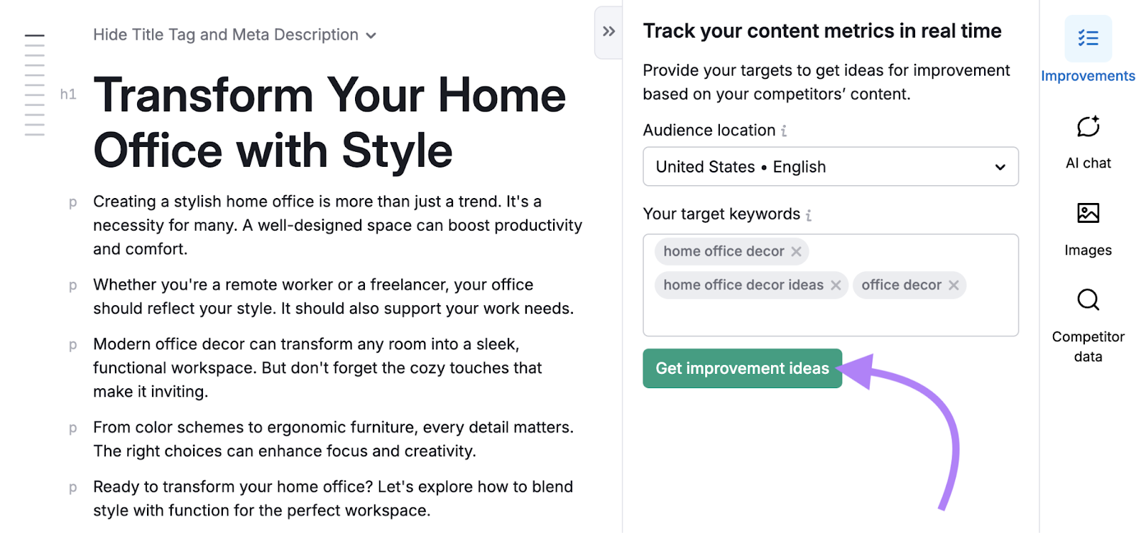 Article draft is entered with audience location and target keywords.