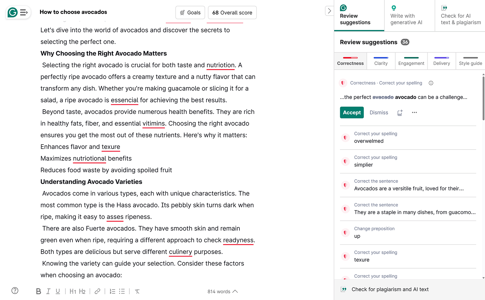 Grammarly editor showing AI writing suggestions and spelling corrections for an article on choosing avocados.