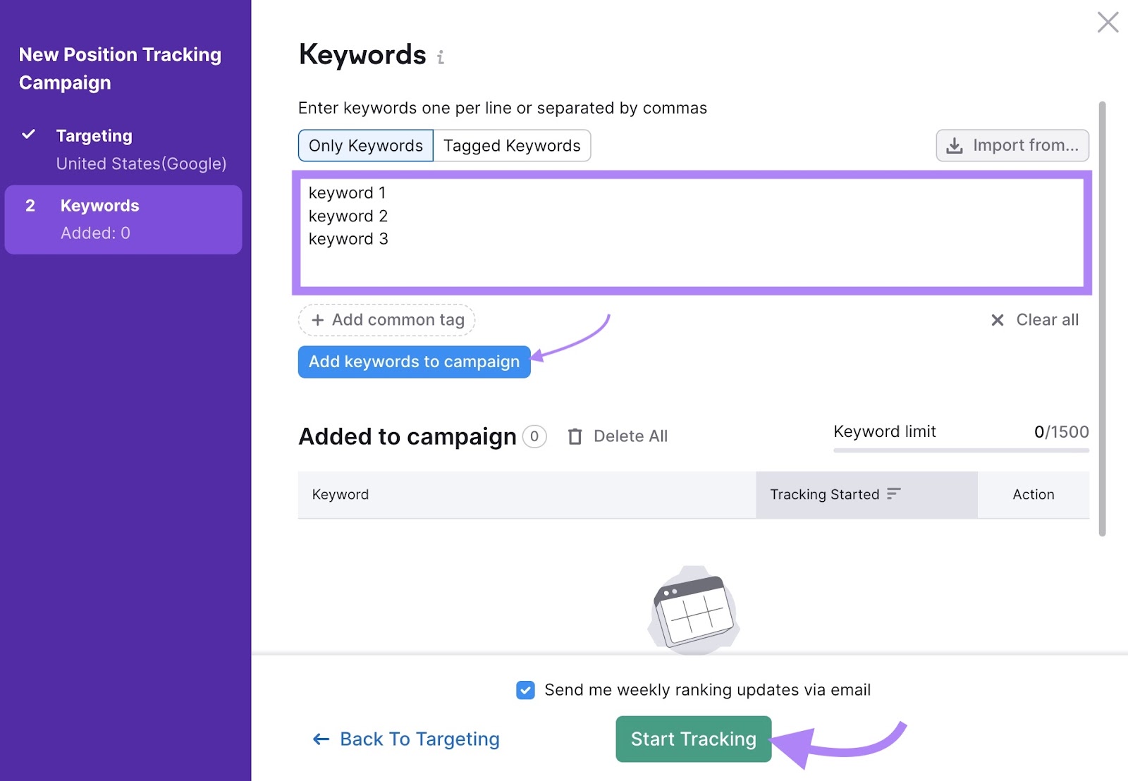 Keywords settings on the Position Tracking tool with keywords to be added to the campaign entered and "Start Tracking" clicked.