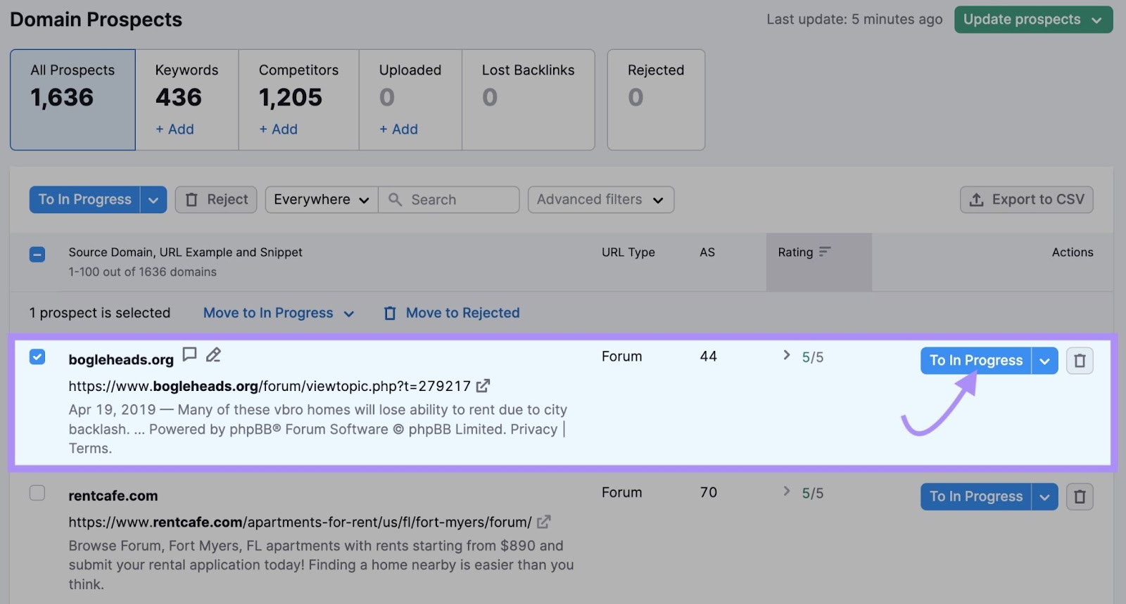 "To In Progress" button selected next to "bogleheads.org" result
