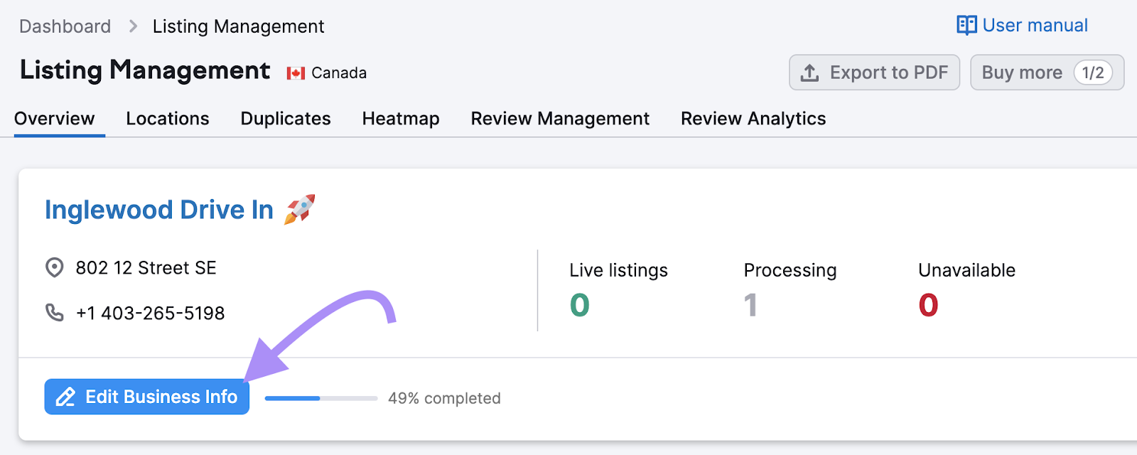 "Edit Bussiness Info" button