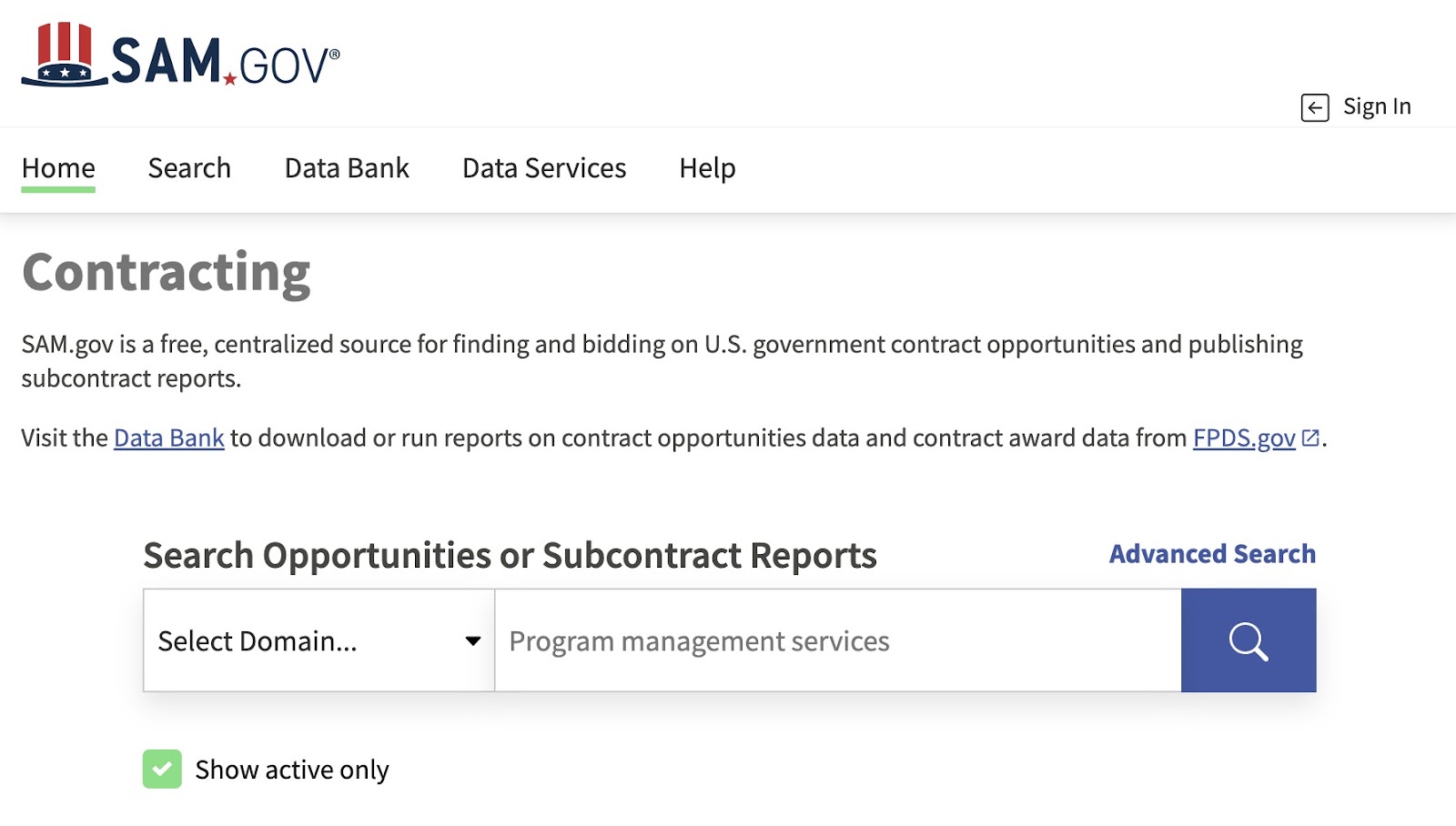 Sam.gov. homepage where B2B businesses can bid on government contract opportunities.