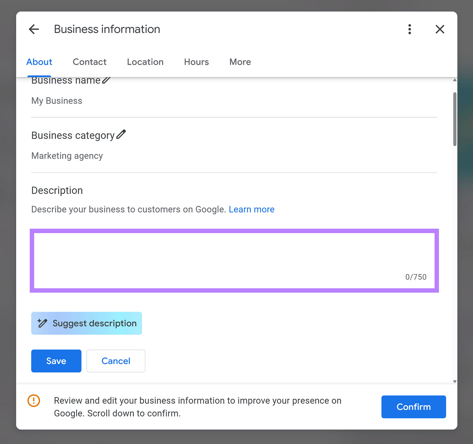 Highlighted business description field in Google Business profile edit view.