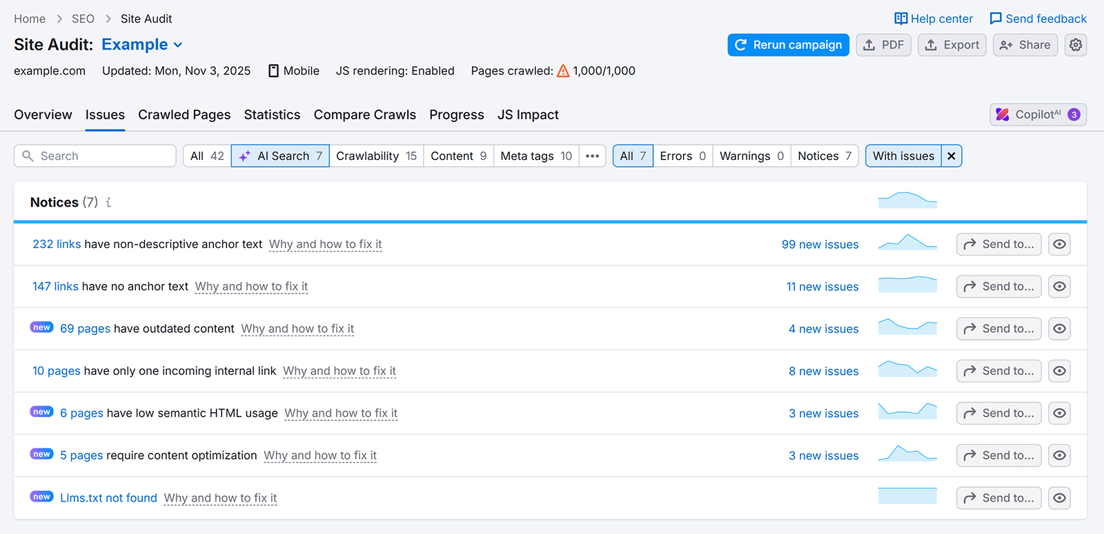Semrush Site Audit showing a list of SEO notices for links, outdated content, and optimization issues.
