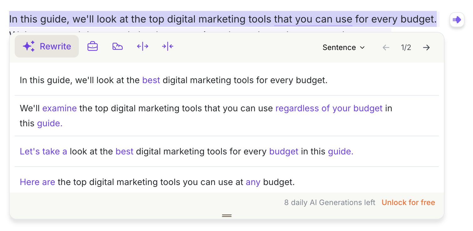 The tool has the option to rewrite a sentence as you review the article.