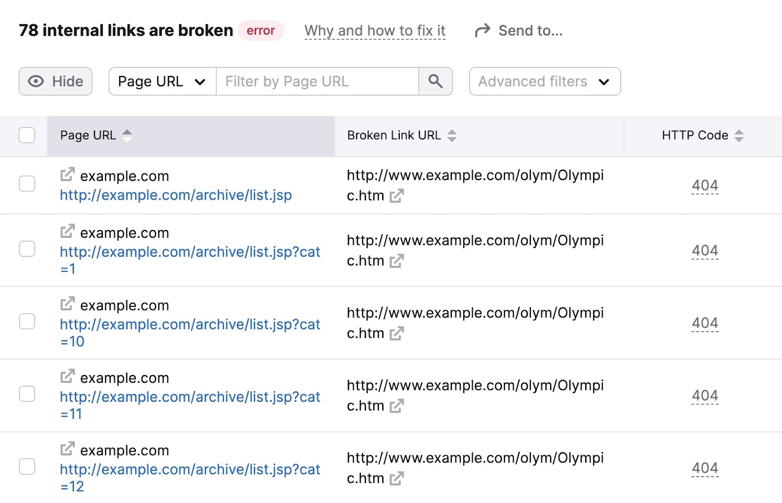 Pages with broken internal links on Site Audit with columns for the page URL, broken link URL, and HTTP code.