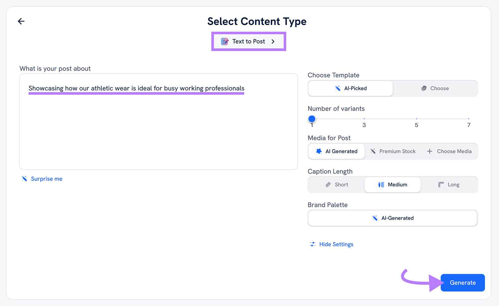 Post setup screen with text prompt about athletic wear for professionals and arrow pointing to “Generate” button.