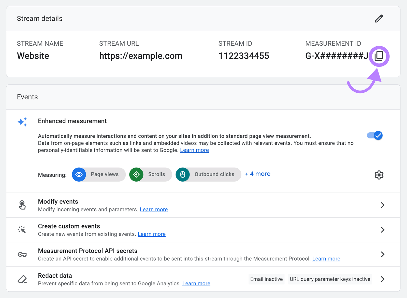 GA4 web stream details with the Measurement ID copy icon highlighted