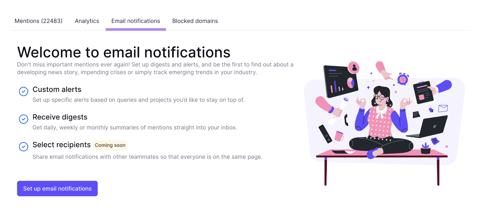Email notifications section in Brand Monitoring app