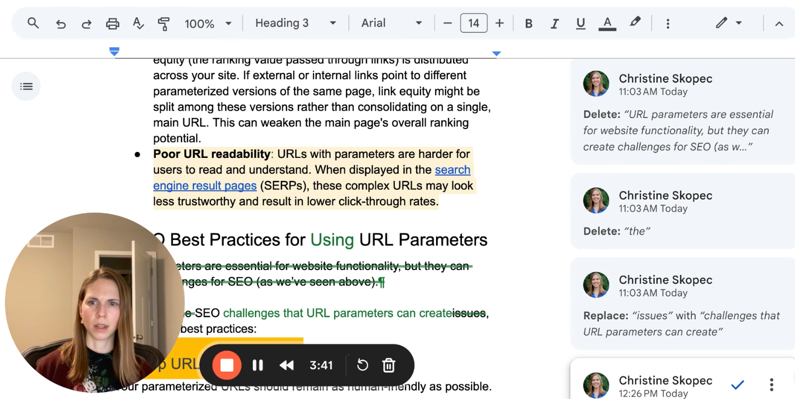 Christine walks through content edits with a writer in a short video.