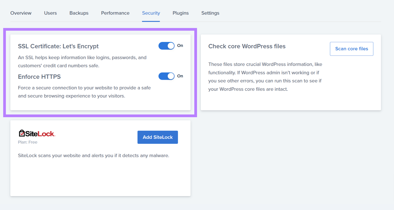 SSL certificate and enforce HTTPS options are turned on in the Security tab.