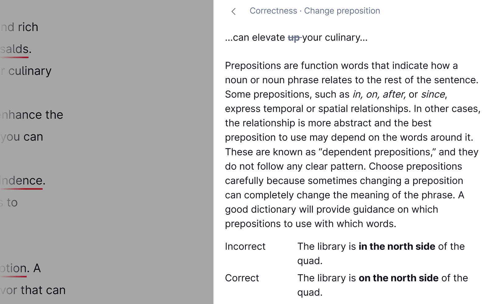 Grammarly side panel explaining a grammar correction about changing a preposition in an avocado article.