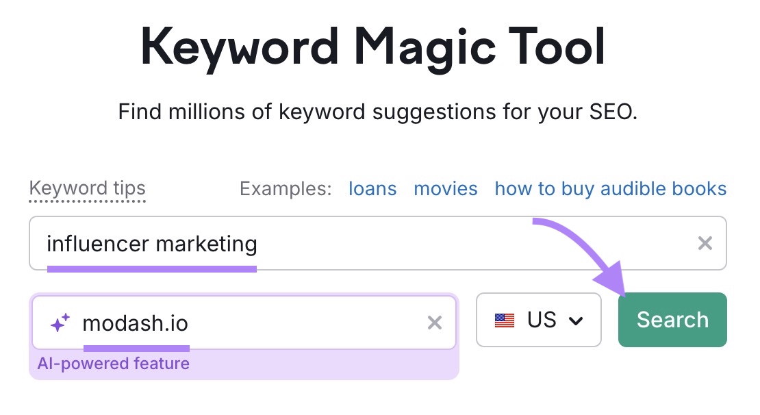 Keyword Magic Tool start with "influencer marketing" entered as the term, "modash.io" as the domain, and "Search" clicked.