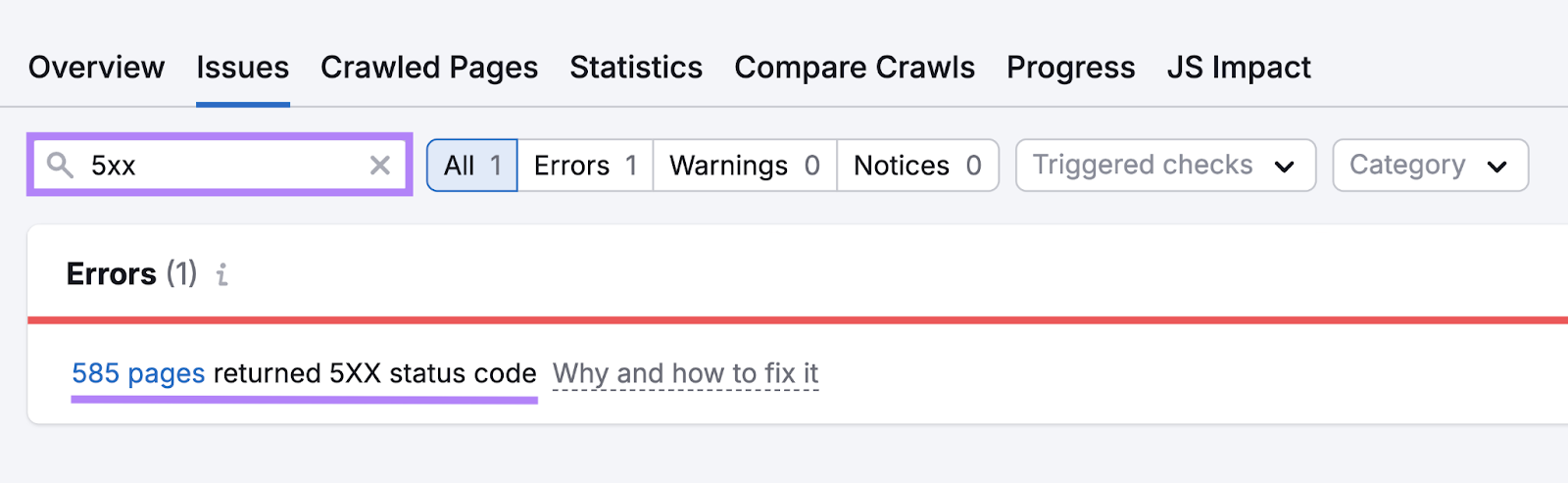 The tool shows the number of pages that returned 5xx status code.