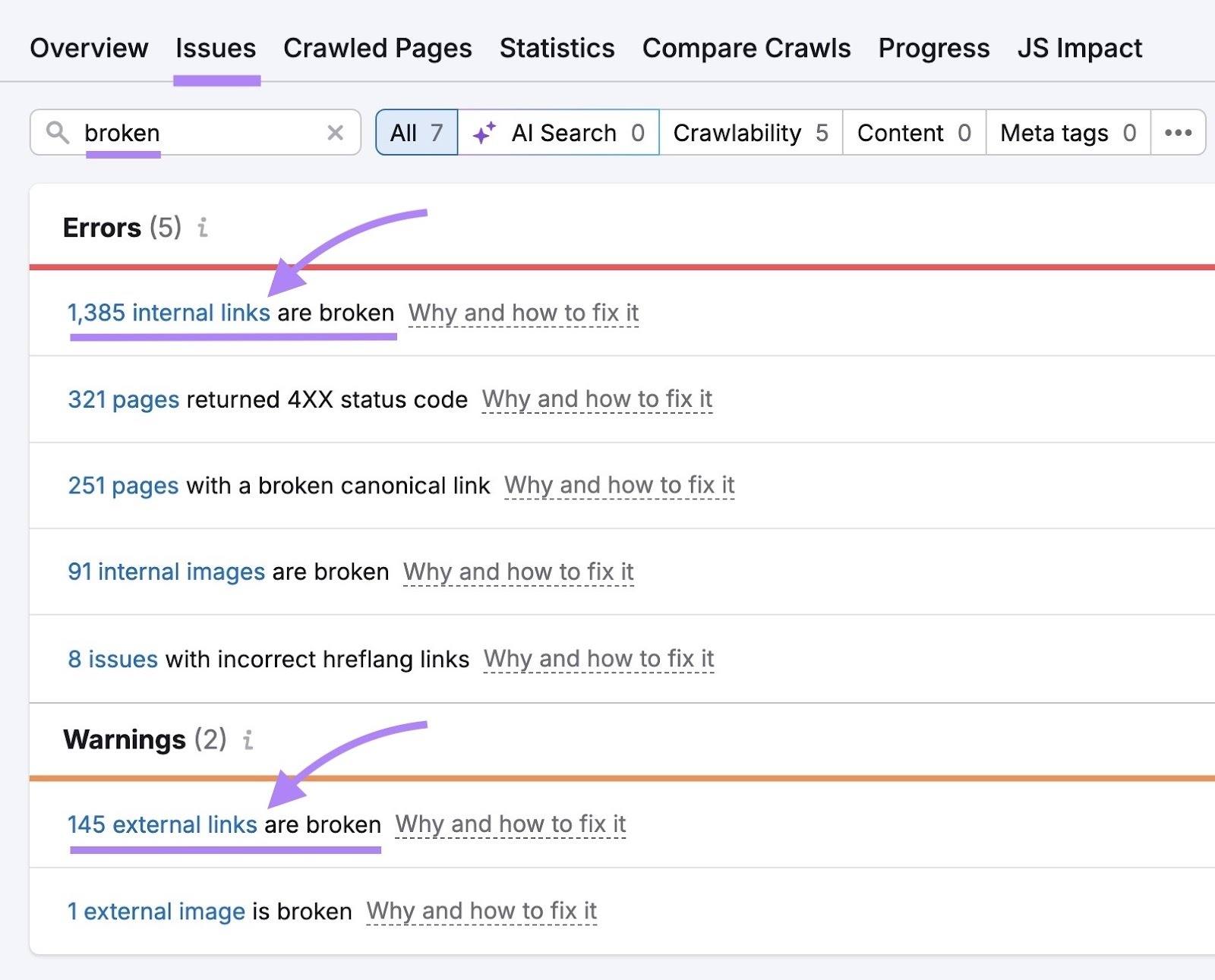 Site Audit Issues with "broken" entered showing the number of pages on a website with broken internal and external links.