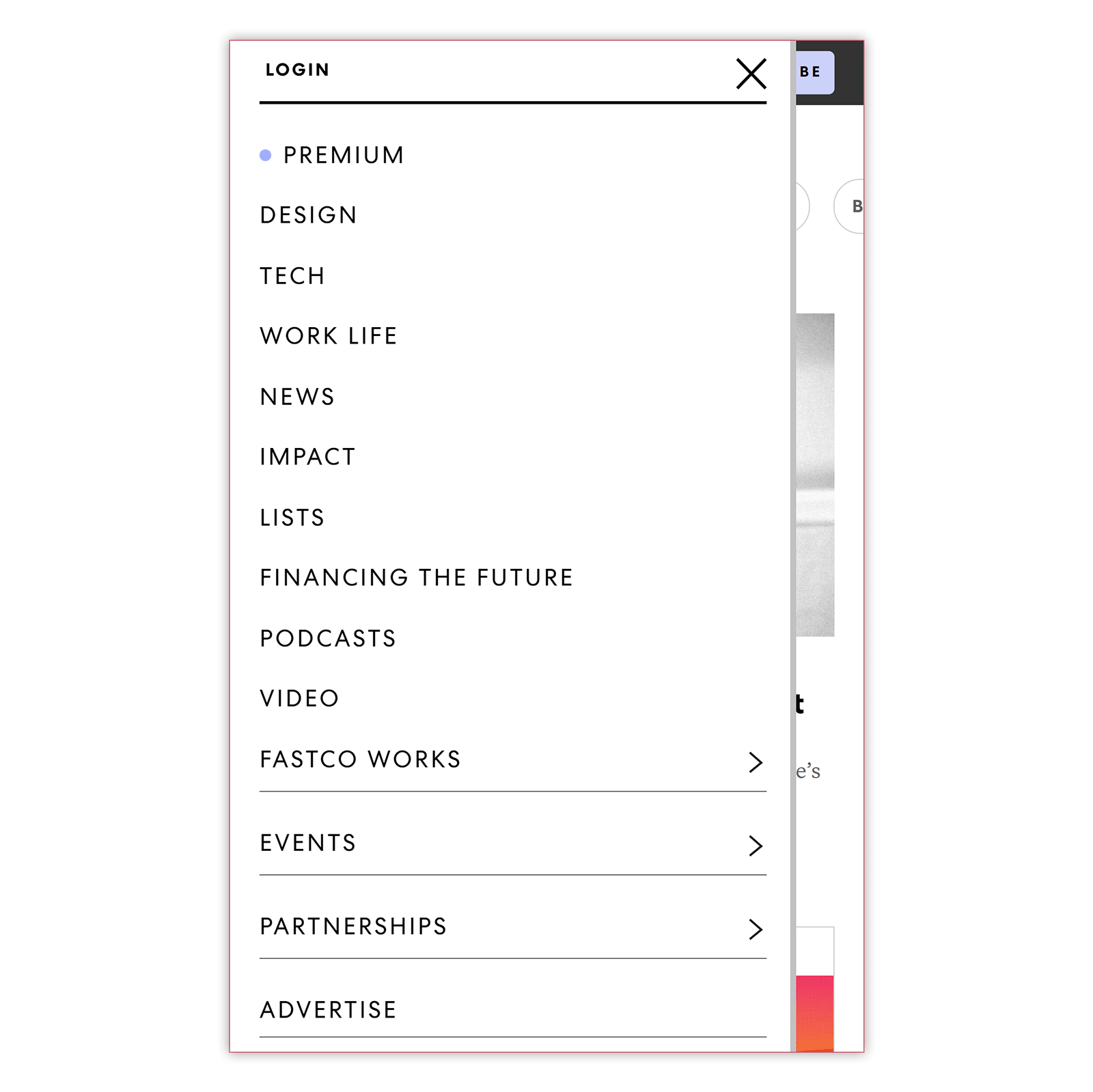 Expanded mobile menu showing login and multiple navigation categories.