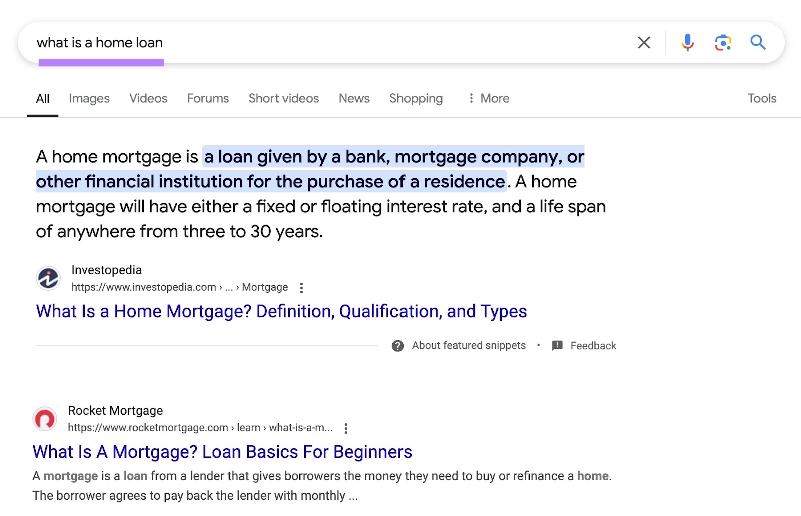 Google SERP for the term "what is a home loan."
