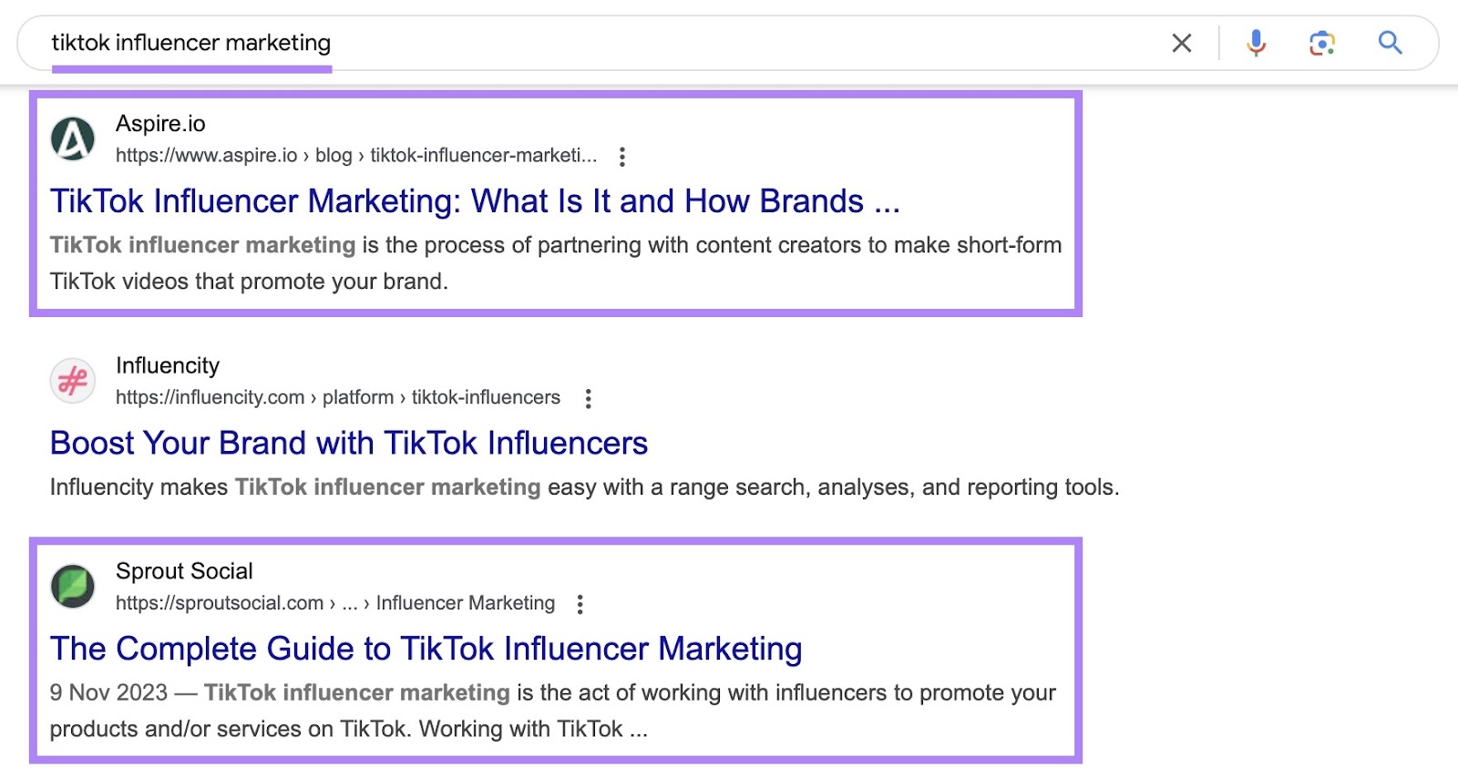 SERP for the term “tiktok influencer marketing” with the top-ranking results suggesting informational search intent.