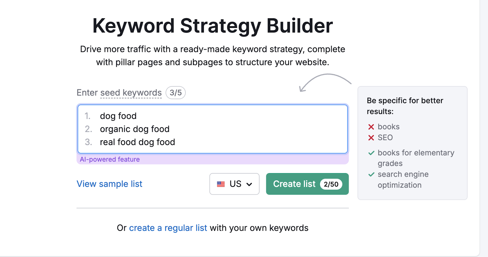 starting a new list from keyword strategy builder