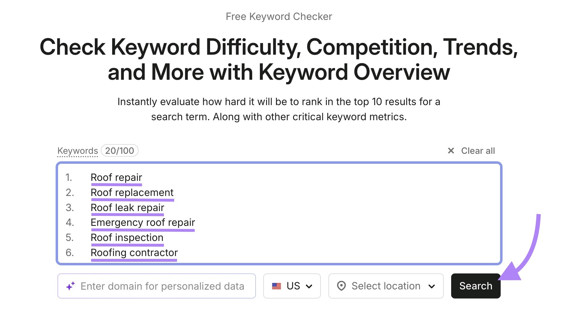 Keyword Overview with a list of keywords entered and "Search" clicked.