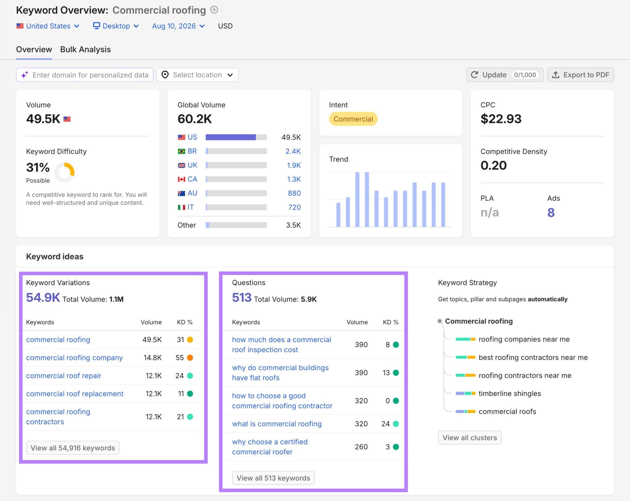 Keyword Overview report with the keyword variations and related questions highlighted.