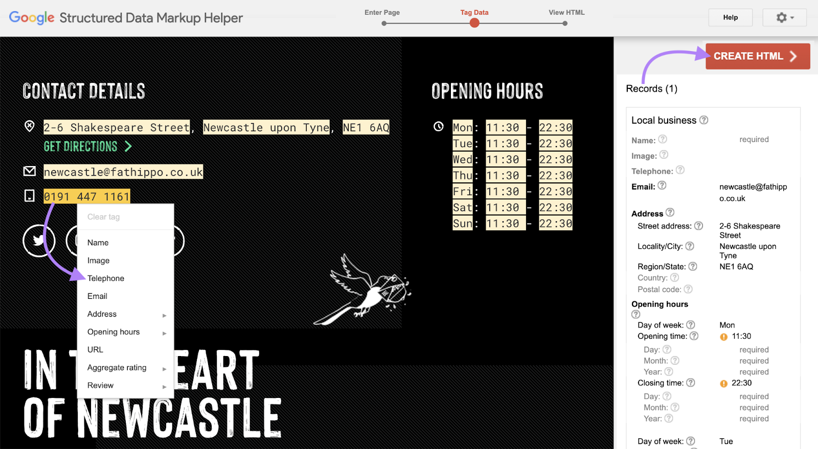 A local business's details like phone number and opening hours are added to schema markup.