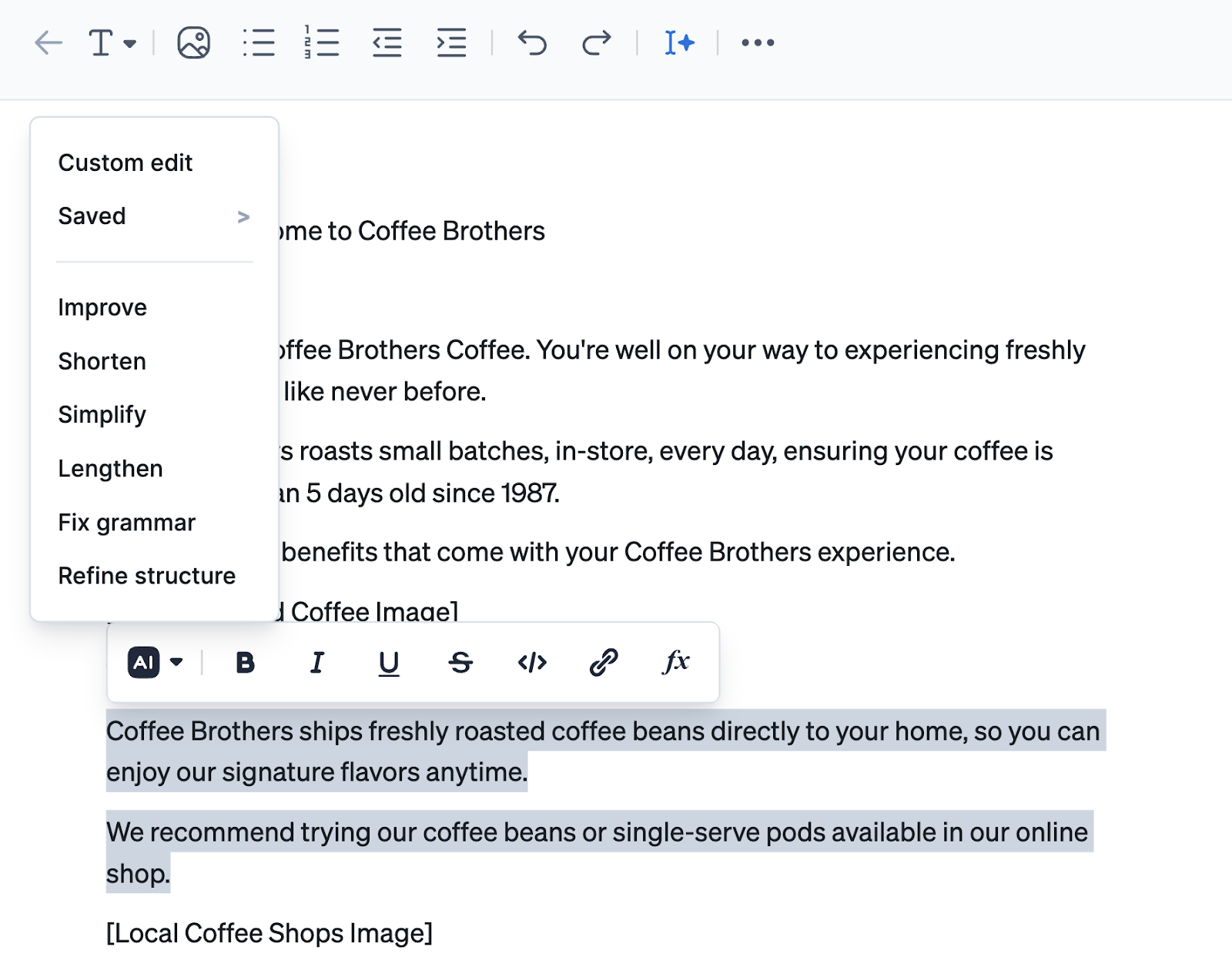 Copy is highlighted with AI options listed in a toolbar.