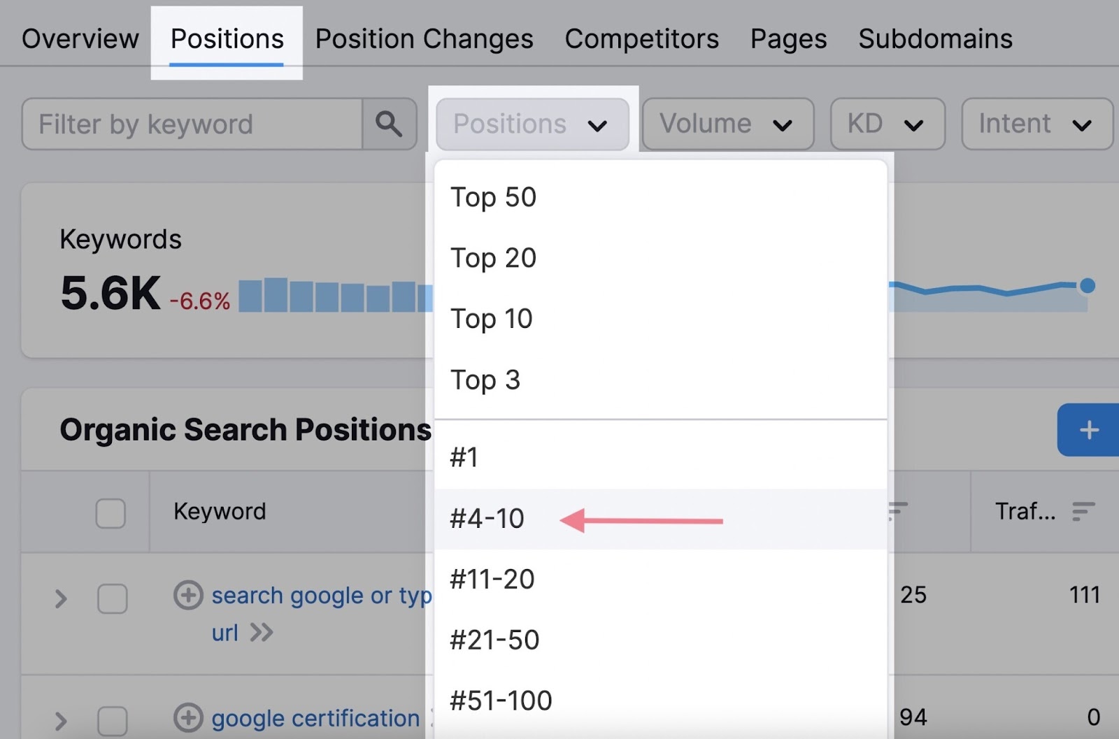 Filtering pages by position in Organic Rankings tool