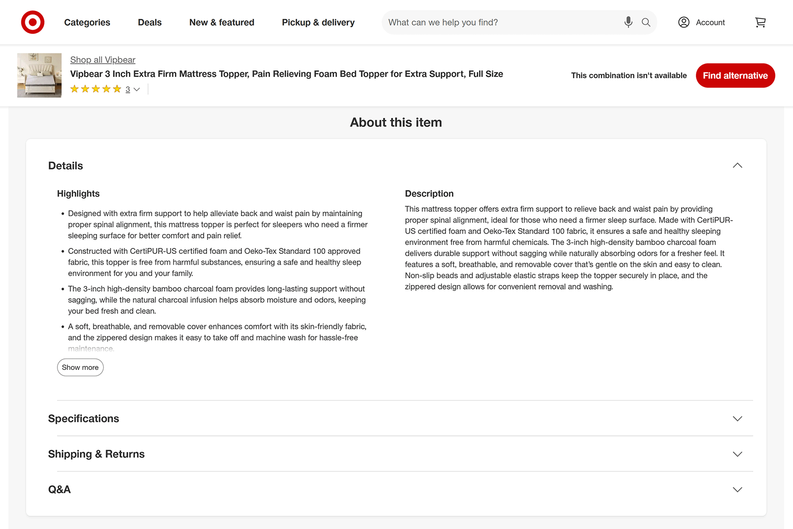 Target product page expanded to show description and highlights for mattress topper